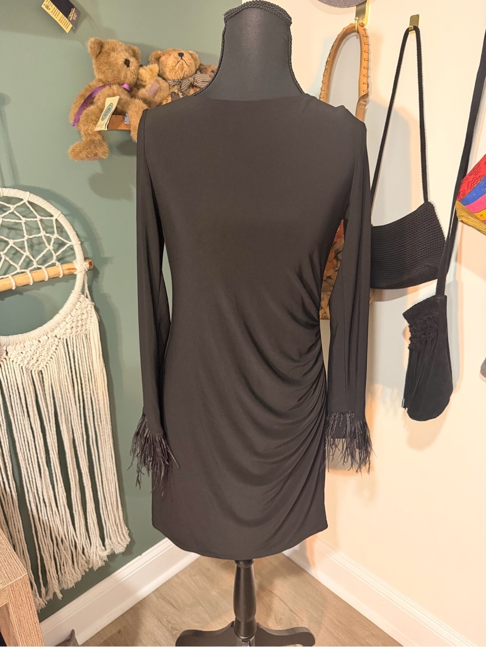 Jay Godfrey Black Feather Cuff Open Back Cocktail Dress Size 6
